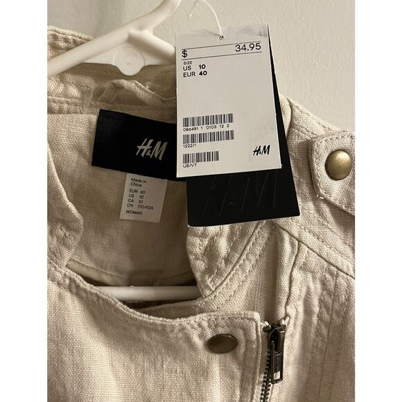 H&M Womens Jacket Moto Style Size 10 Beige Linen Cotton Blend Zip Pockets - Picture 3 of 6